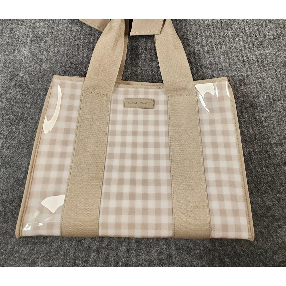 CASE-MATE Beige Gingham Jelly Tote Bag Canvas Handle Bow Accent Waterproof